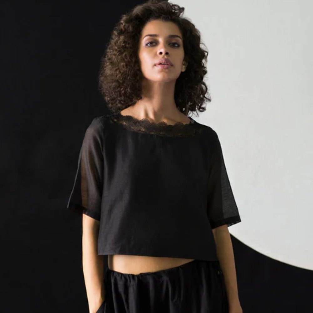 Black Crop Top with Faux Leather Trim